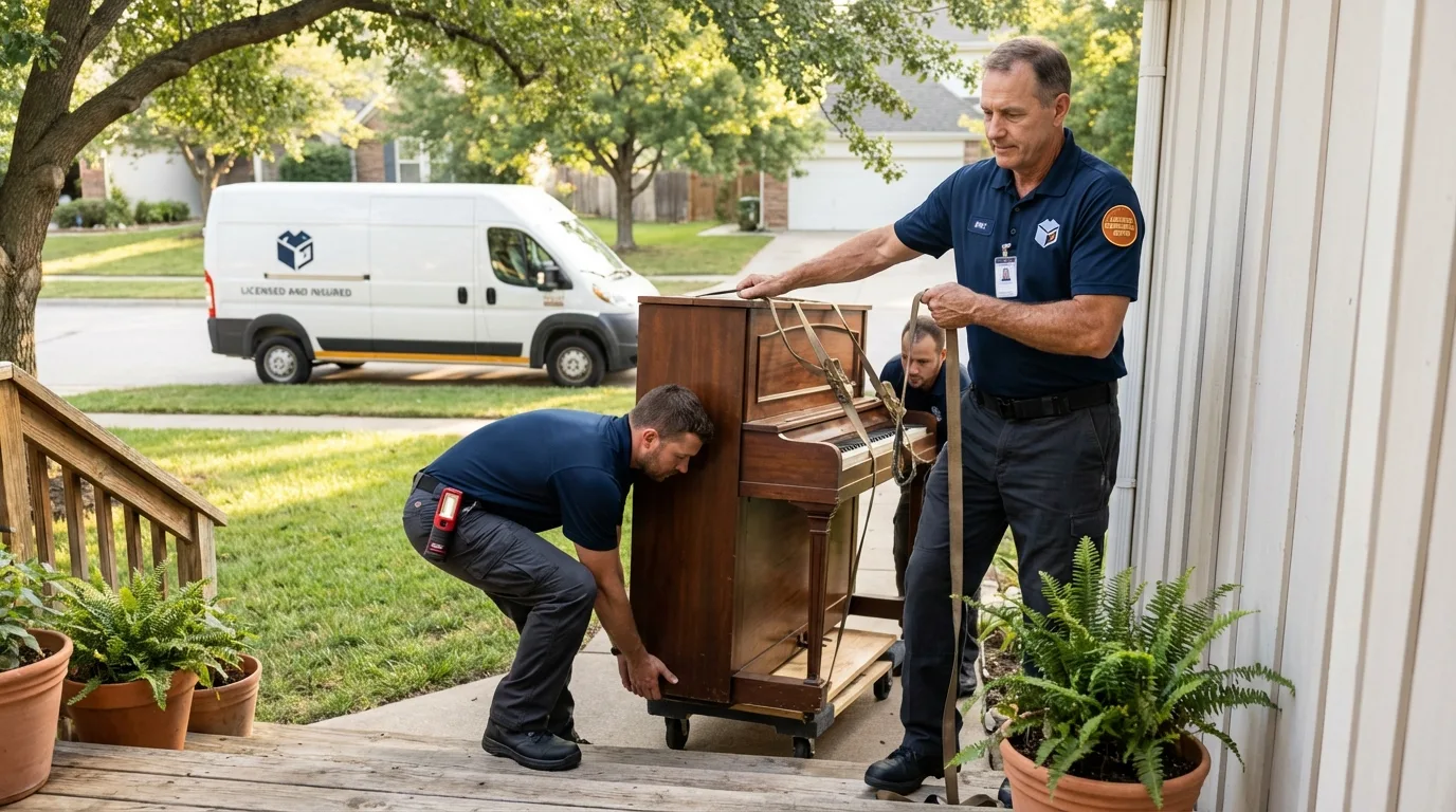 Licensed piano movers securing grand piano in Shorewood, IL