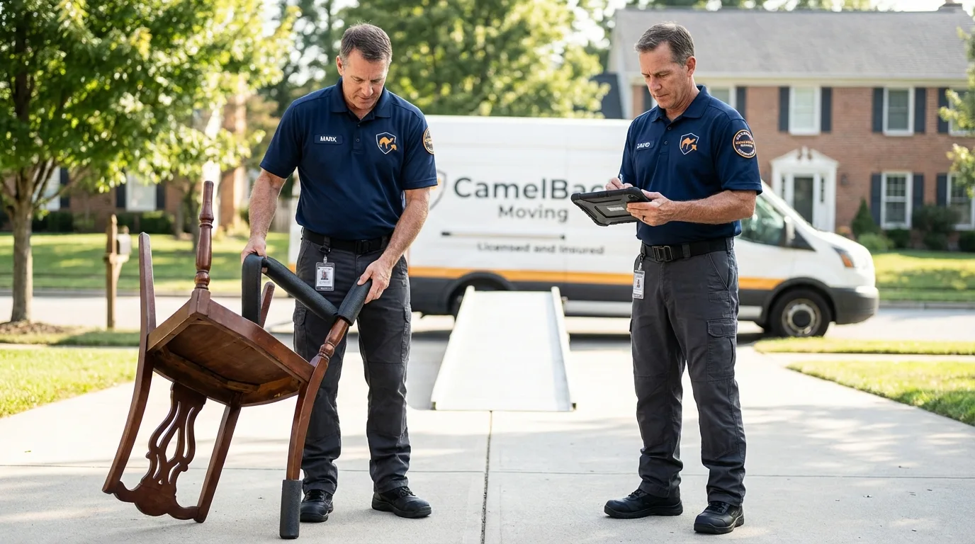 Movers inspecting furniture for damage prevention before loading in Shorewood, IL
