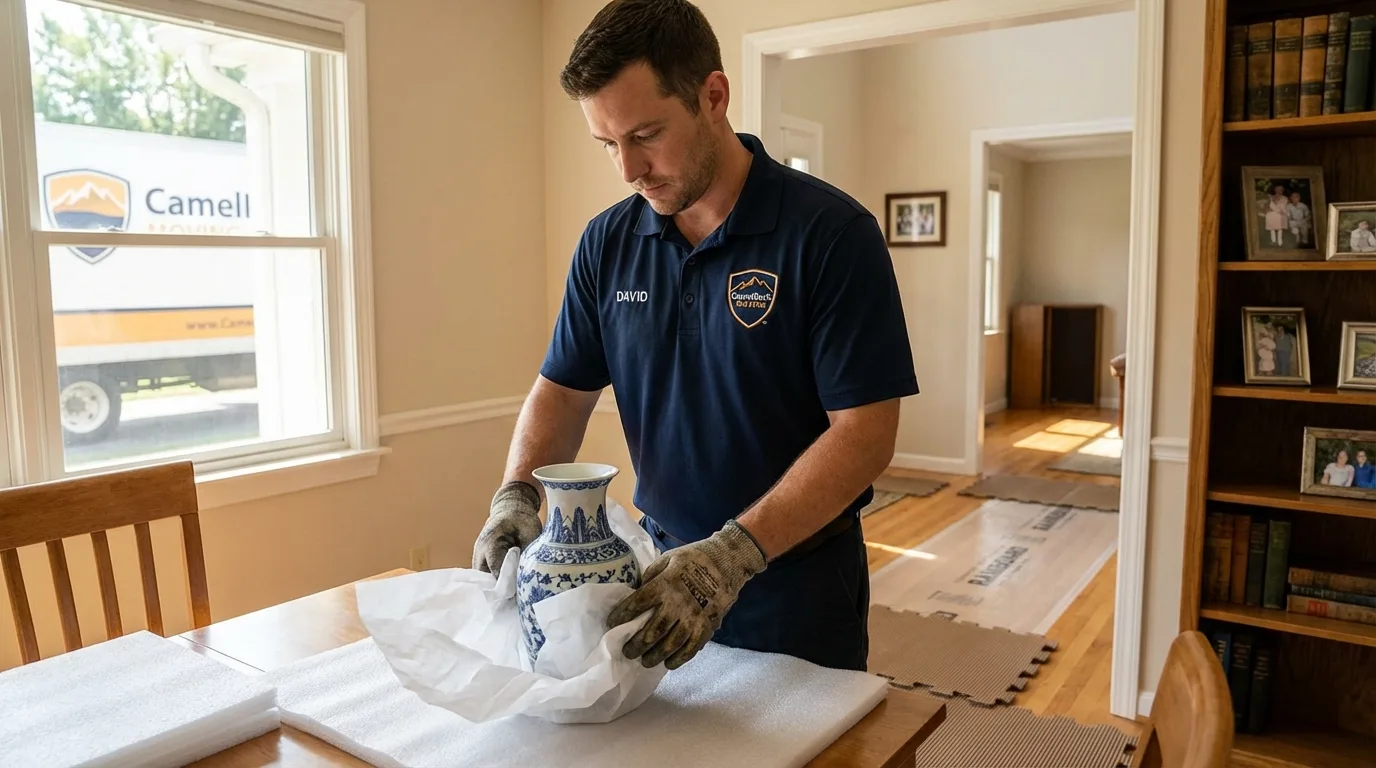 Professional crew carefully wrapping antique vase for senior downsizing move in Shorewood, IL